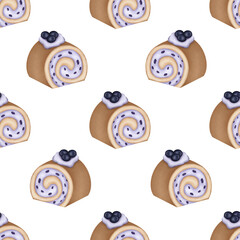 Watercolor seamless pattern with blueberry Swiss roll cakes.Food illustration.Scrapbook,fabric and textile,wrapping,wallpaper.