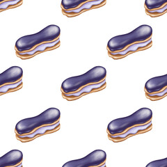 Obraz premium Watercolor seamless pattern with blueberry meringue.Food illustration isolated on transparent background.