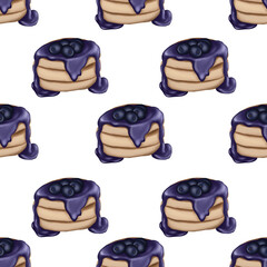 Seamless pattern with blueberry pancakes. Food illustration.Digital paper,Scrapbook, Fabric and Textile,