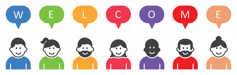 Set of people with speech bubbles and inscription welcome. Businessman and business women, business concept. Colorful welcome background with people. Vector illustration.