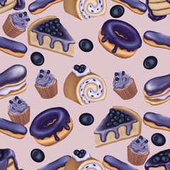 Watercolor seamless pattern with blueberry desserts and pastry isolated on pink background.Scrapbook,fabric and textile,wrapping,wallpaper.