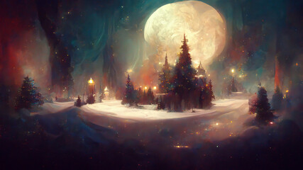 Painted christmas night snowy village with Chistmas tree and Moon. Season greetings card. Santa Claus village.