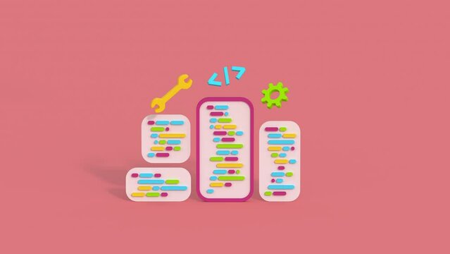 Mobile application software and web development concept. Minimal cartoon style 3D render animation