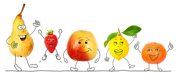 Organic fruits as comic figures 2, transparent background