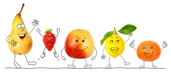 Organic fruits as comic figures 2, transparent background