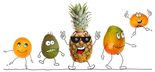 Organic fruits as comic figures 3, transparent background