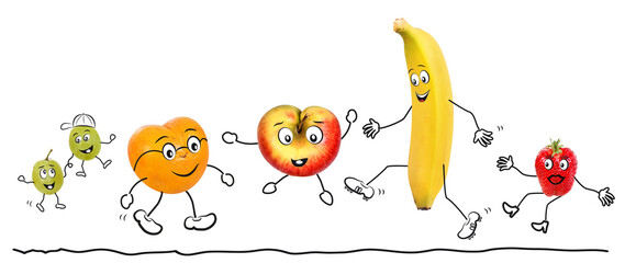 Organic fruits as comic figures 1, transparent background