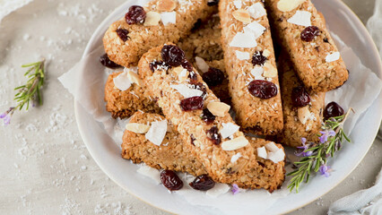 Cereal bars with almonds, coconut and cranberries