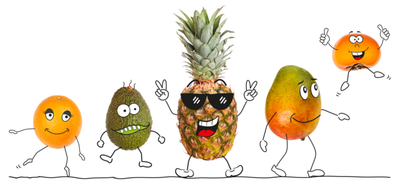 Organic fruits as comic figures 3, transparent background