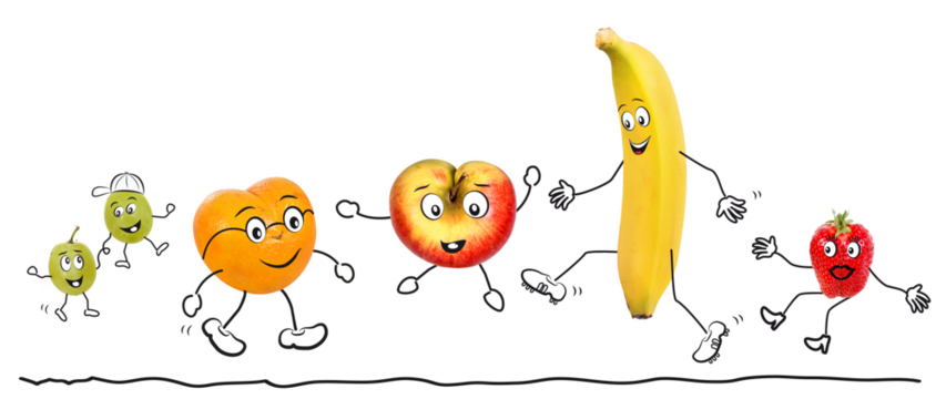 Organic fruits as comic figures 1, transparent background - Powered by Adobe