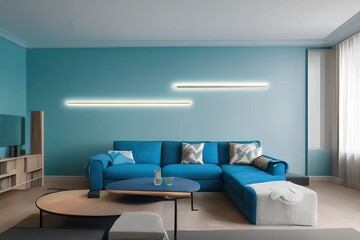 11517265-mdjrny-v4 style minimalist living room with cinema style tv and coffee table with neon blue lighting and open window at 