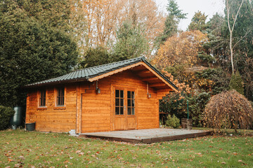 Beautiful forest hut for holidays in the forest. Garden shed with yellow leaves and trees in late autumn. Autumn mood in the country. 