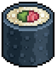 Pixel art tekka maki hosomaki sushi japanese food vector icon for 8bit game on white background
