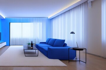 11520265-mdjrny-v4 style minimalist living room with cinema style tv and coffee table with neon blue lighting and open window at 