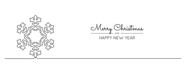 One continuous line drawing of christmas snowflake. Winter ice and cold flake symbol in simple linear style. Holiday icon with empty space in editable stroke. Doodle vector illustration
