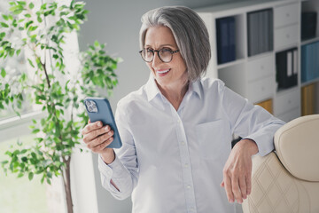 Portrait of successful intelligent experienced recruiter lady hold use telephone communicate colleagues modern office inside