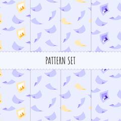 Pattern set. Seamless pattern with paper, page and pictures in frame icon on purple background for poster, banner, wallpaper. Wrapping Paper Pattern, scrapbook patterns or textile
