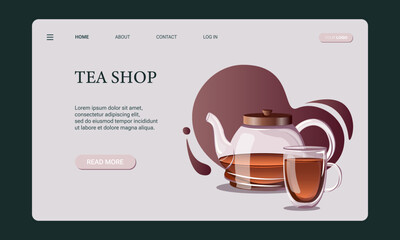 Tea shop web banner template, website, landing page and mobile app development. Glass tea pot with black tea and glass mug with double bottom on dark gradient background