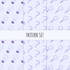 Pattern set. Seamless pattern with bulb lamp, question mark and magnifier glass icons on purple background for poster, banner, wallpaper. Wrapping Paper Pattern, scrapbook patterns or textile