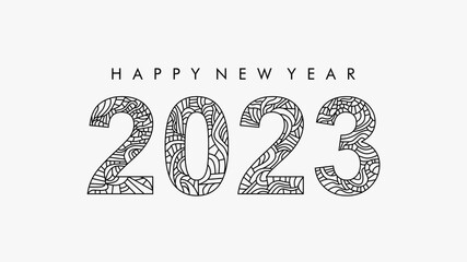 happy new year 2023 text template with line art texture white background