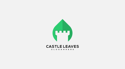 Castle Drop Leaves Logo design Vector template illustration