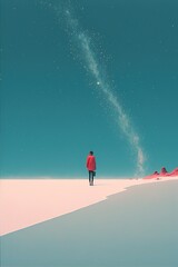 Person travel in the snowy winter landscape. milkyway. minimal. 