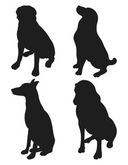 Silhouette dogs sitting in different poses, hand drawn pack of pet shapes and figures, isolated vector