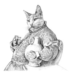 Fat landlord cat. Cat dressed as a medieval merchant with a glass of wine and a jug. Art collection: Dressed Animals. Realistic Hand drawn illustration. Sketch. Wall art. Good for print on t shirt
