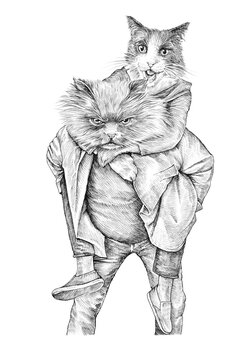 Big guy cat carrying a cheerful girl cat. Two friends cats wearing casual stylish clothes isolated on white background. Realistic drawing. Sketch. Wall Art. Art collection: Dressed Animals. Home decor