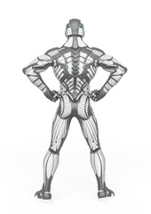 super hero in an exosuit is doing a power pose rear view
