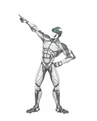 super hero is pointing up and showing the way in an exosuit