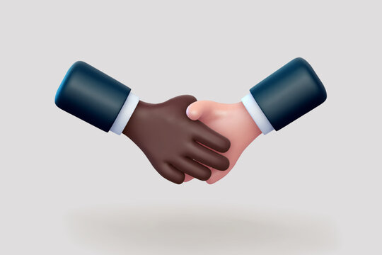 3D cartoon gesture: handshake of human hands. Concept of partnership, friendship and teamwork. Emoji icon of shaking businessman's hands on light background. Vector illustration.