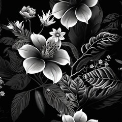 Digital illustration of a floral on black background. wallpaper. Black and white