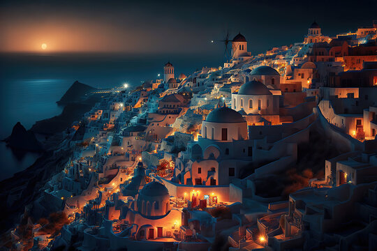 AI generated image of night at Santorini in Greece	