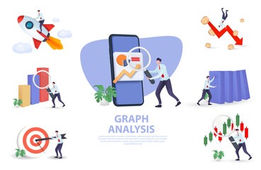 3D Set of People interacting with charts and analyzing statistics. Data visualization, mobile phone, graph and analysis concept.