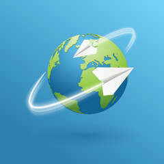 Naklejka premium Geography globe. Realistic 3d Earth planet. World map traveling illustration. Mail letter tracking app. Paper plane fly. Delivery gps concept of traveling, logistic. Online international sales.