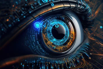 Foto op Aluminium Human android cyborg eye futuristic control protection personal internet security access.Concept robot dna system, future scientific technology innovation science. Blue polygonal vector © maaramore©	