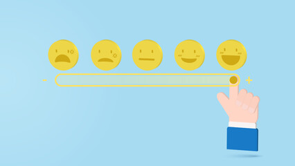 Customer touching loading bar for rating feedback scale. Loading giving smile emoticon. Service rating, feedback, satisfaction concept. Vector illustration