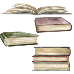 Book. Watercolor. Set Illustration for clipart. Designed for writer blogs, packaging, textiles, web design, websites, stickers, invitations, templates, logos. Drawn by hand.