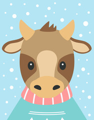 cartoon winter card of cow on snow background