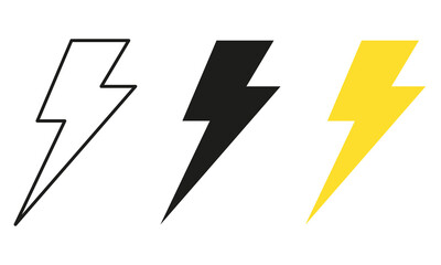 Vector electric lightning bolt logo set isolated on white background for electric power symbol, poster, t shirt. Thunder icon. Storm pictogram. Flash