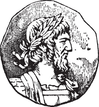 Vintage engraving of a head on coin with leaves