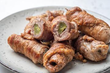 Meat rolls stuffed with mustard and pickled cucumber braised in gravy