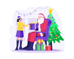 Santa Claus sitting on a sofa chair giving gifts to a happy girl. Celebrate Christmas Holiday. Vector illustration in flat style