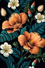 Digital illustration of a floral on black background. wallpaper.