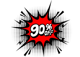 90 Percent OFF Discount on a Comics style bang shape background. Pop art comic discount promotion banners. PNG