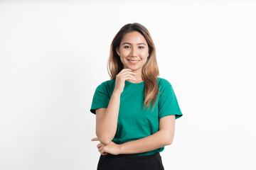 Young asian woman, professional entrepreneur standing in office clothing, smiling and looking confident, white background