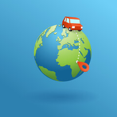 Geography globe. Time to travel. Earth planet  with place mark pined. world map with dots pointer of position. Carsharing tracking app. Red car for rent. Navigation gps concept of traveling, logistic.