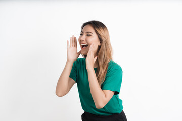 Expressive facial expressions Presenting some product Beautiful girl act like a telling customer Isolated on white background.