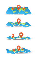 Collection of geography maps. Foldable world map with place mark pined. Fold paper leaflet of topography map. Touristic equipment realistic cartoon vector illustration dots pointer. Sheet of paper set ©  Tati. Dsgn